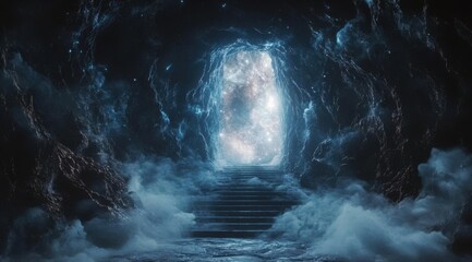 Wall Mural - a dark, mysterious tunnel with a glowing blue light at the end. the tunnel is filled with clouds and