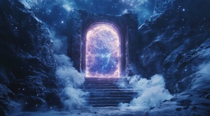 Wall Mural - a blue sky with a large archway in the middle. the archway is surrounded by clouds and the sky is fi