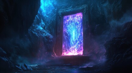 Wall Mural - a blue and purple doorway in a cave. the doorway is surrounded by rocks and he is glowing. scene is 