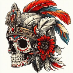 Wall Mural - Sugar Skull with Feathers and Flowers