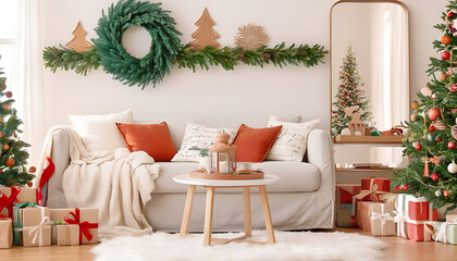 Festive living room atmosphere with furniture and decorations showcasing the joy of the season