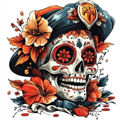 Wall Mural - Sugar Skull with Flowers and Hat