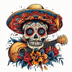 Wall Mural - Sugar Skull with Guitar and Sombrero