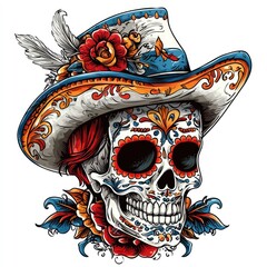 Canvas Print - Sugar Skull with Hat and Flowers