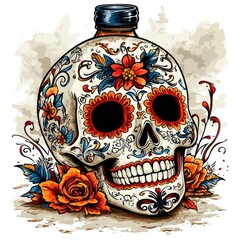 Canvas Print - Sugar Skull with Floral Design and Bottle Cap