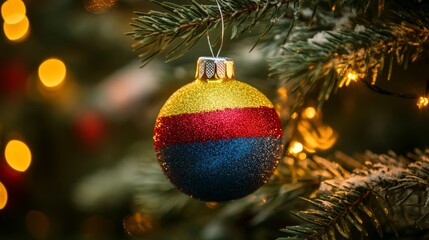 colombian flag-inspired christmas tree decoration featuring yellow, blue, red glitter balls, photogr