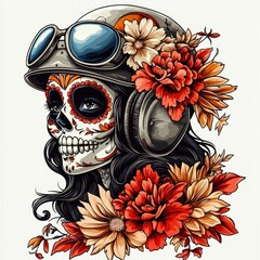 Sticker - Day of the Dead Skull with Flowers and Motorcycle Helmet