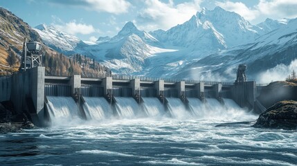 Sticker - Majestic Hydroelectric Dam Amidst Snow-Capped Peaks and Glaciers