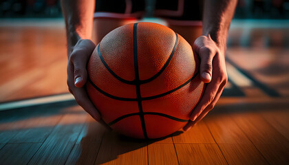 Wall Mural - Extreme close-up of the hands of a basketball player holding an orange and black basketball ball on the wooden parquet of a basketball court. Generative Ai.