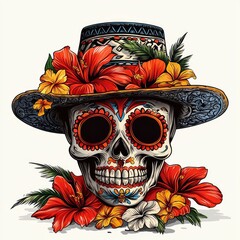 Wall Mural - Sugar Skull with Flowers and Hat