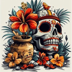 Sticker - Sugar Skull with Hibiscus Flowers and Clay Pot