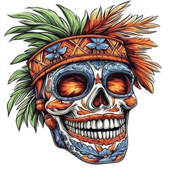 Sticker - Colorful Sugar Skull with Feathers and Flowers