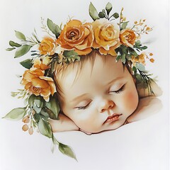 Wall Mural - Watercolor Illustration of a Sleeping Baby with a Flower Crown.