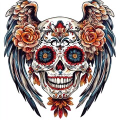 Canvas Print - Sugar Skull with Wings and Flowers