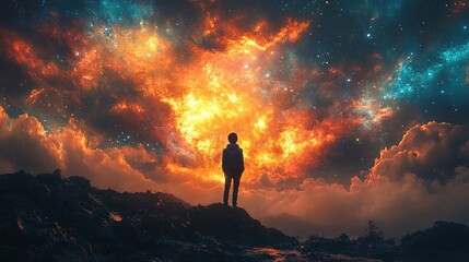 Wall Mural - Person gazing at a vibrant cosmic landscape