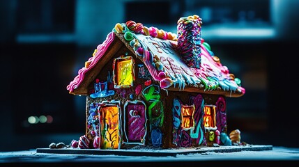 Wall Mural - xmas gingerbread house made of unconventional materials, with graffiti designs and neon-colored candy