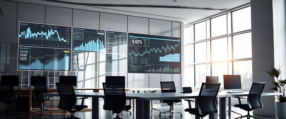 A sleek office setting with transparent digital screens displaying business analytics, graphs, and stock market data. 