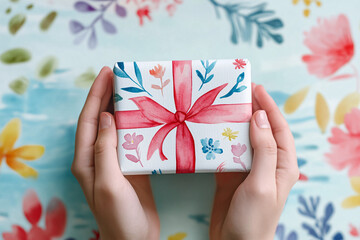 A pair of hands holding a beautifully wrapped gift box with floral patterns and a red ribbon on a decorative background