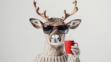 a reindeer drinking holding a cup with a hot drink