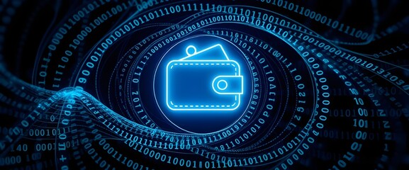 A digital wallet icon surrounded by swirling binary code, symbolizing secure and encrypted transactions. 