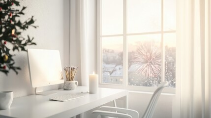 Wall Mural - Cozy Winter Home Office with Snowy Landscape View