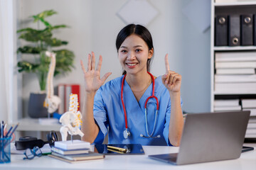 Medicine, technology and healthcare concept, Young female doctor or nurse with medical documents  typing sickness expertise on computer working at hospital.