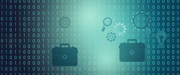 A simple and clean design with binary code softly blending into the background, overlaid with business icons like briefcases, gears, and lightbulbs.