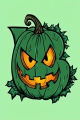 Sticker - Evil Green Pumpkin Jack-O-Lantern Cartoon Illustration