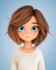 Poster - A charming 3D cartoon of a young brunette woman, capturing her big blue eyes against a soothing blue backdrop.