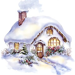 Canvas Print - Watercolor Illustration of a Cozy Cottage Covered in Snow.