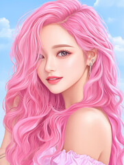 Poster - A girl with pink hair embodies a storybook magic, blending romance and realism with shimmering hues of red and purple.