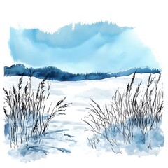 Canvas Print - Watercolor Winter Landscape with Snowy Fields and Silhouette of Trees.