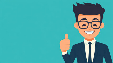 Wall Mural - A cheerful cartoon man in glasses gives a joyful thumbs up, set against a simple, clean background thats inviting.