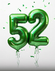 Green birthday / anniversary balloon, number 52, white background with confetti