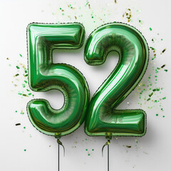 Green birthday / anniversary balloon, number 52, white background with confetti