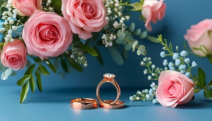 Elegant bouquet of pink roses and wedding rings on a serene blue backdrop, perfect for wedding inspiration wallpaper