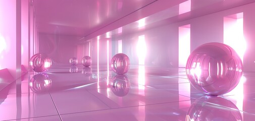 Fototapete - A serene space with reflective pink spheres on a glossy surface, softened by gentle light.