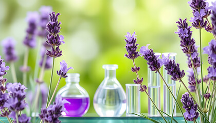 Purple lavender flowers with glass flask, vial and test tubes in biological cosmetic health science, laboratory background isolated with white highlights, png