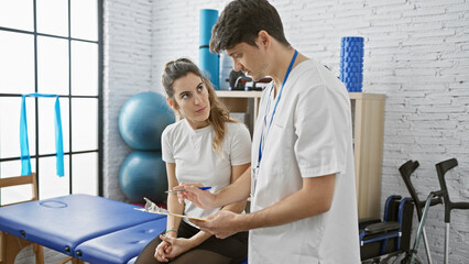 A male doctor consults a female patient in a well-equipped physiotherapy clinic room with rehabilitation equipment visible.