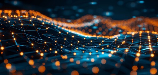 Leinwandbilder - Abstract digital wave with glowing orange and blue lights representing data flow and connectivity.