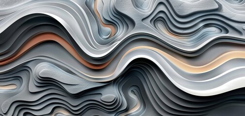 Poster - An abstract composition featuring flowing, layered shapes in shades of gray, orange, and cream, creating a modern and dynamic visual effect.