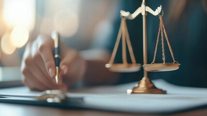 A person signing a legal document with a golden scale symbolizing justice in the background, representing law and legal matters.