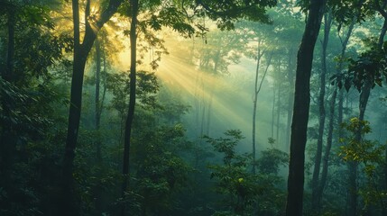 Wall Mural - Enchanted Forest Sunlight Streaming Through The Trees