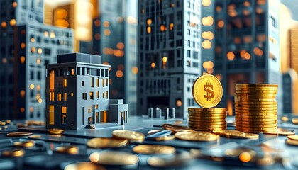 Wall Mural - Abstract business landscape featuring skyscrapers and coins, symbolizing finance and innovation through Generative AI.