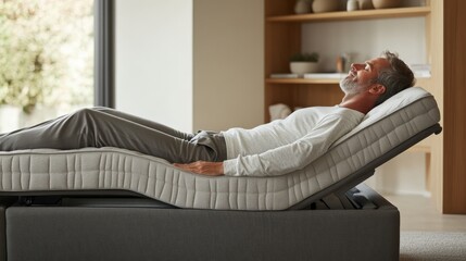 a man relaxes on an adjustable bed, enjoying comfort in a modern, well-lit room with natural element