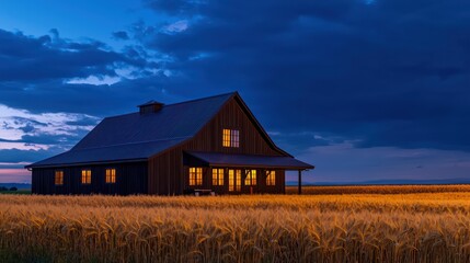 A traditional barn converted into a home with a dark brown exterior, set in a field of golden wheat under a deep blue twilight sky