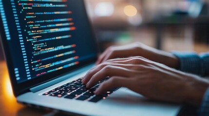 A close-up of a programmer's hands typing on a laptop keyboard with code displayed on the screen, symbolizing software development, coding, and modern technology. 
