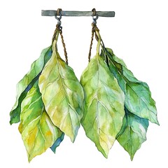 Sticker - Watercolor Illustration of Green Leaves Hanging on a Rope.