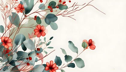 Wall Mural - Elegant hand-drawn floral background featuring botanical line art with flowers, branches, and eucalyptus leaves in vibrant shades of red and green watercolor texture