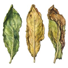 Wall Mural - Watercolor illustration of three leaves in different stages of life green, yellowing, and brown.